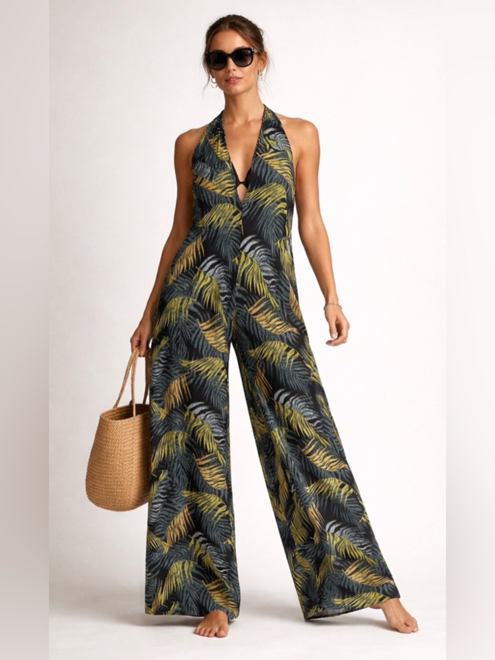 Victoria's Secret Tropical Palm Mesh Halter Jumpsuit Cover-Up Large